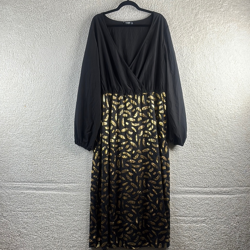 NWT YOINS Womens Black Gold Feather Print Surplice Neck Evening Dress Size 4XL